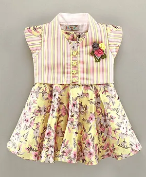 Enfance Core Striped Print Jacket With Floral Print Sleeveless Dress - Lemon Yellow