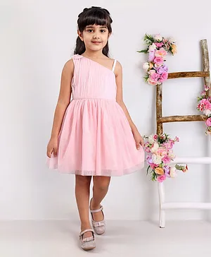 Babyoye Poly Mesh Sleeveless Frock With Bow Applique Solid- Pink