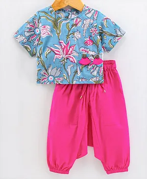 Saka Designs Half sleeves Cotton Blend Top and Harem Pant Set Floral Print - Blue Pink