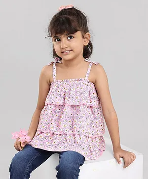 Babyoye Cotton Sleeveless Top With Layered Ruffles Floral Print- Pink