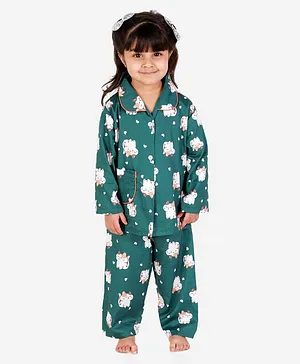 KID1 Full Sleeves Catty Cat Shirt & Pajama Night Suit - Green