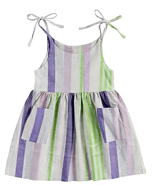 The Baby Atelier Organic Cotton Sleeveless Stripe Print Night Dress With Pockets - Purple Green