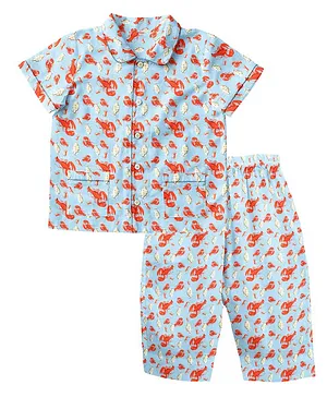 The Baby Atelier Half Sleeves Crab Print Shirt And Pyjama Set - Blue