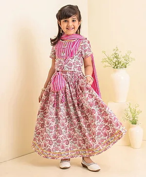 Babyoye Half Sleeves Choli & Lehenga With Dupatta Floral Print - Pink