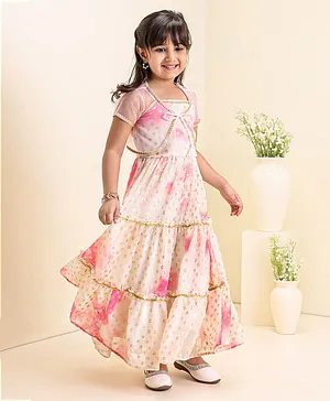 Babyoye Sleeveless Ethnic Dress With Shrug Printed - Pink