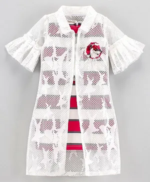 Enfance Core Sleeveless Striped Dress With Three Fourth Bell Sleeves Floral Applique & Stars Pattern Mesh Jacket - Dark Pink & White