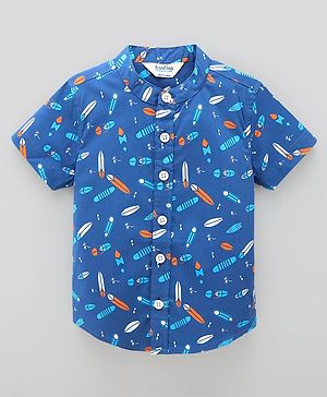 Bonfino Half Sleeves Cotton Shirt Surfboard Print- Blue