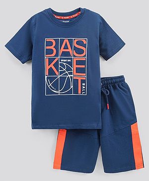 Pine Kids Bio Washed Half Sleeves T Shirt  and Shorts Set Text Print - Blue