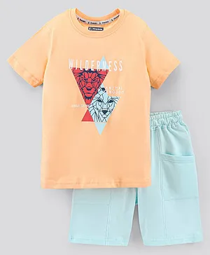 Pine Kids Half Sleeves Biowashed T-Shirt & Shorts Set Wilderness Print - Peach Blue