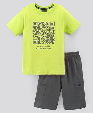 Pine Kids Half Sleeves Biowashed T-Shirt & Shorts Set QR Code Print - Green