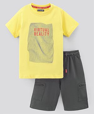 Pine Kids Half Sleeves Biowashed T-Shirt & Shorts Set Virtual Reality Print - Yellow