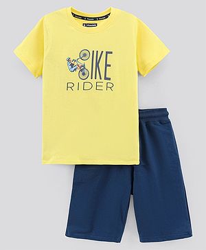 Pine Kids Half Sleeves Biowashed Cotton T-Shirt And Shorts Set Like Rider Print - Yellow Blue