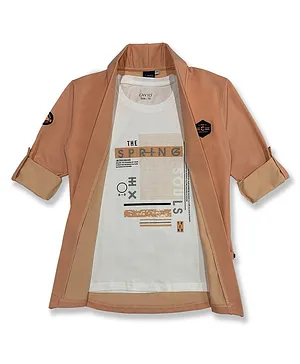 CAVIO Full Sleeves Jacket With Text Printed Tee - Peach
