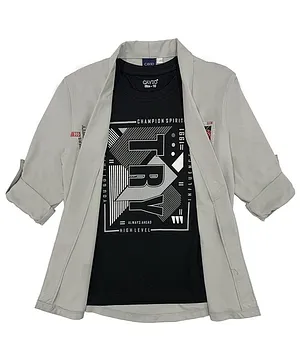 CAVIO Full Sleeves Jacket With Text Printed Tee - Light Grey