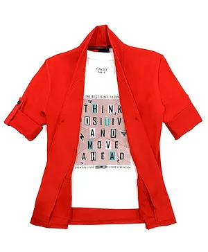CAVIO Full Sleeves Jacket With Quote Printed Tee - Red