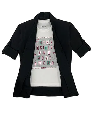 CAVIO Full Sleeves Jacket With Quote Printed Tee - Black