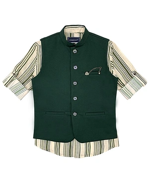 Charchit Roll Up Full Sleeves Striped Kurta With Jacket - Dark Green