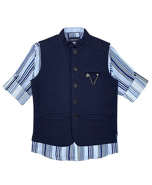 Charchit Roll Up Full Sleeves Striped Kurta With Jacket - Dark Blue