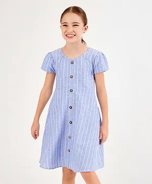 Primo Gino Cap Sleeves Cotton Viscose Linen Woven Striped Frock- Blue