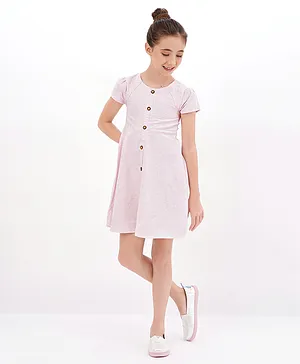 Primo Gino Cap Sleeves Cotton Viscose Linen Woven Striped Frock- Pink