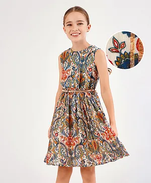 Primo Gino Sleeveless Frock with Belt & Geometric Print - Multicolour