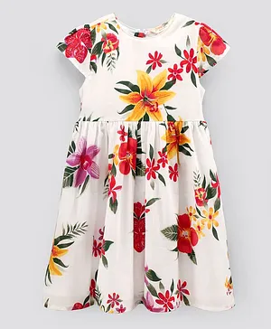Primo Gino Cap Sleeves Frock Floral Print - White