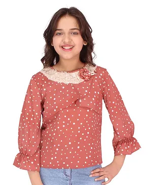 Cutecumber Three Fourth Sleeves Embellished Polka Dot Print Top With Floral Applique - Rust