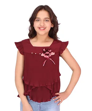 Cutecumber Accordion Detail Cap Sleeves Floral And Beads Embellished Top - Maroon
