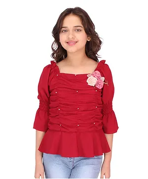 Cutecumber Three Fourth Sleeves Pearl And Flower Embellished Ruched Top - Maroon