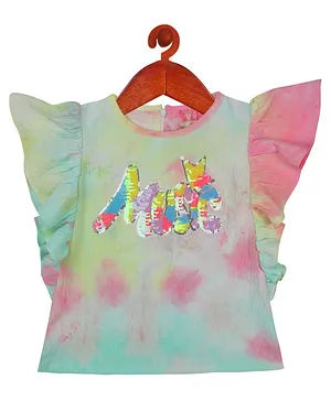 Tiny Girl Cap Sleeves Music Sequin Applique Marble Effect Top - Green