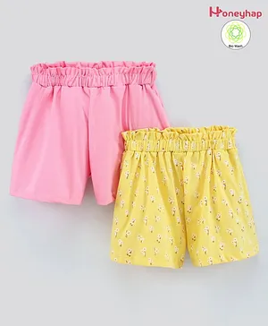 Honeyhap Premium 100% Cotton Biowash Shorts Floral Print Pack of 2 - Pink Yellow