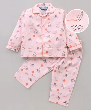 Enfance Core Full Sleeves Beach Theme Printed Night Suit - Peach