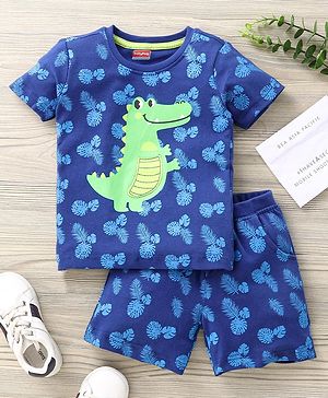 Babyhug Half Sleeves T-Shirt & Shorts Set Dino Print - Blue