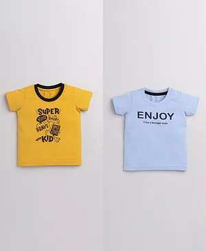 Orange Republic Pack Of 2 Text Print Half Sleeves Tees - Mustard & Sky Blue