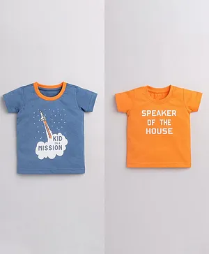 Orange Republic Pack Of 2 Text Print Half Sleeves Tees - Orange & Blue
