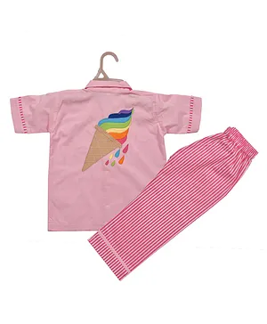 Polkas & Stripes Half Slevees Cotton Night Suit Ice Cream Print - Pink