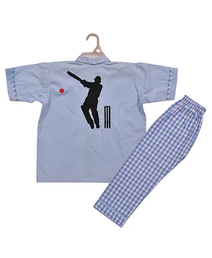 Polkas & Stripes Half Slevees Cotton Night Suit Cricket Print - Blue