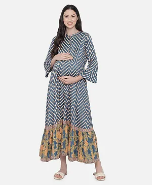 Aujjessa Three Fourth Bell Sleeves Stripes & Floral Printed Maternity Dress - Blue