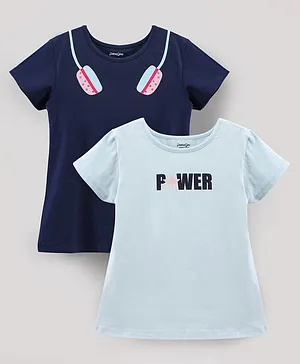 Primo Gino Half Sleeves Tops Headphone and Power Glitter Print Pack of  2 - Sky & Navy Blue