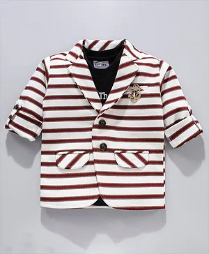 Dapper Dudes Full Sleeves Striped Blazer With Half Sleeves Champion Text Printed Tee - White Brown & Black