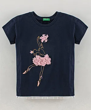UCB Half Sleeves T-Shirt Ballerina Print with Net Detailing - Navy Blue