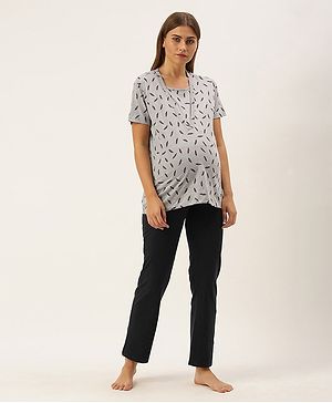 Nejo Half Sleeves Printed Top With Pant - Grey Black