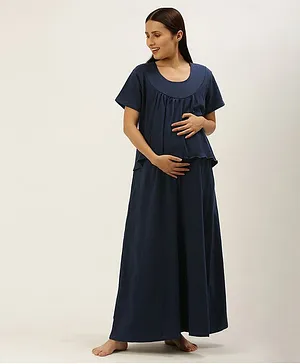 Nejo Half Sleeves Solid Maternity Night Dress - Navy Blue