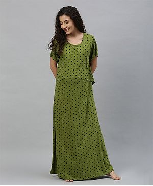 Nejo Half Sleeves Polka Dots Printed Maternity & Nursing Nighty - Green