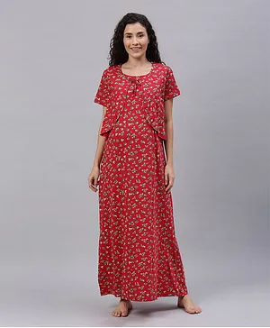 Nejo Half Sleeves Floral Printed Maternity & Nursing Nighty - Red
