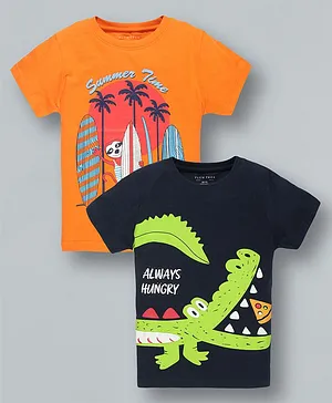 Plum Tree Pack Of 2 Half Sleeves Summer Time & Always Hungry Crocodile Print Tees - Orange & Navy Blue