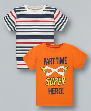 Plum Tree Pack Of 2 Half Sleeves Stripes & Part Time Super Hero Print Tees - Multicolor & Orange