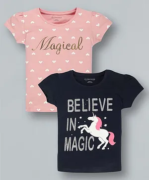 Plum Tree Short Sleeves Unicorn & Magical Heart  Printed T Shirt  Pack Of 2 - Navy  Pink