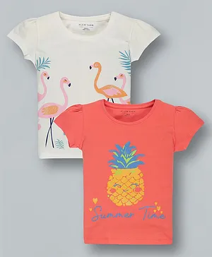 Plum Tree Short Sleeves Summer Time & Summer Mood Printed T Shirt  Pack Of 2 - Coral  White