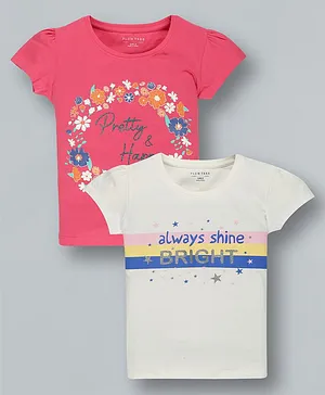 Plum Tree Short Sleeves Floral & Always Shine Bright  Printed  T Shirt  Pack Of 2 - White  Pink